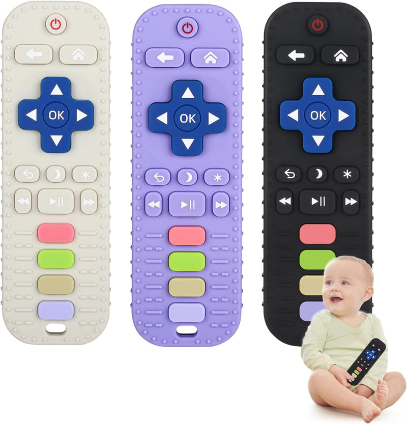 Chuya Baby Teether Toy Chew Toy for Babies 3-24 Months TV Remote Control Shape Teething Relief Baby Toys for Infants (Black) - Black+Apricot+Purple