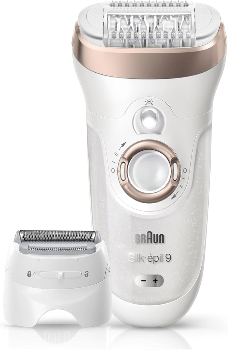 Silk-épil 7 SE 7-041 Wet & Dry Epilator, Wide Head, Shaver & Trimmer Head, German Made, +4 Extras, Smart Light, 40 MicroGrip Tweezers, Rechargeable Hair Removal Device - White - SE 9561