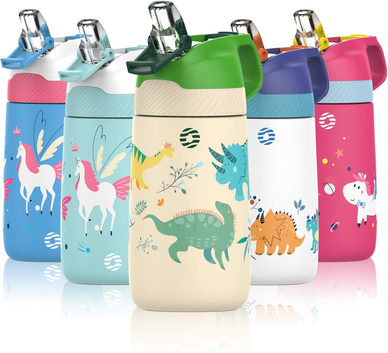 Kids Stainless Steel Water Bottles with Straw, 12 oz Leak Proof Insulated Water Bottle Double Wall Keep Hot Cold Drinks Thermos Toddler Bottle with Handle BPA-Free for School - Lucky Dinosaur
