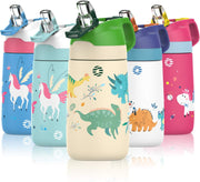 Kids Stainless Steel Water Bottles with Straw, 12 oz Leak Proof Insulated Water Bottle Double Wall Keep Hot Cold Drinks Thermos Toddler Bottle with Handle BPA-Free for School - Lucky Dinosaur
