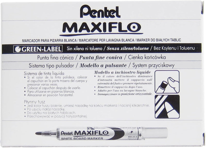 Pentel Maxiflo Whiteboard Marker, Fine bullet point, Red ink, (Pack of 12)