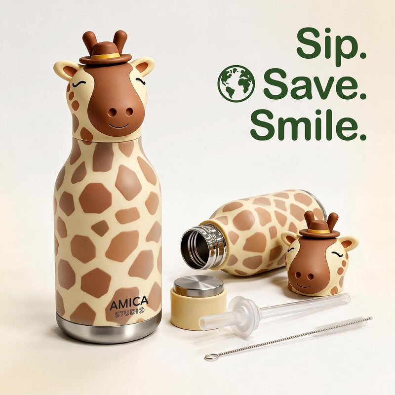 Kids Water Bottle 460ml Insulated Stainless Steel - AMICA STUDIO (Gigi Giraffe)