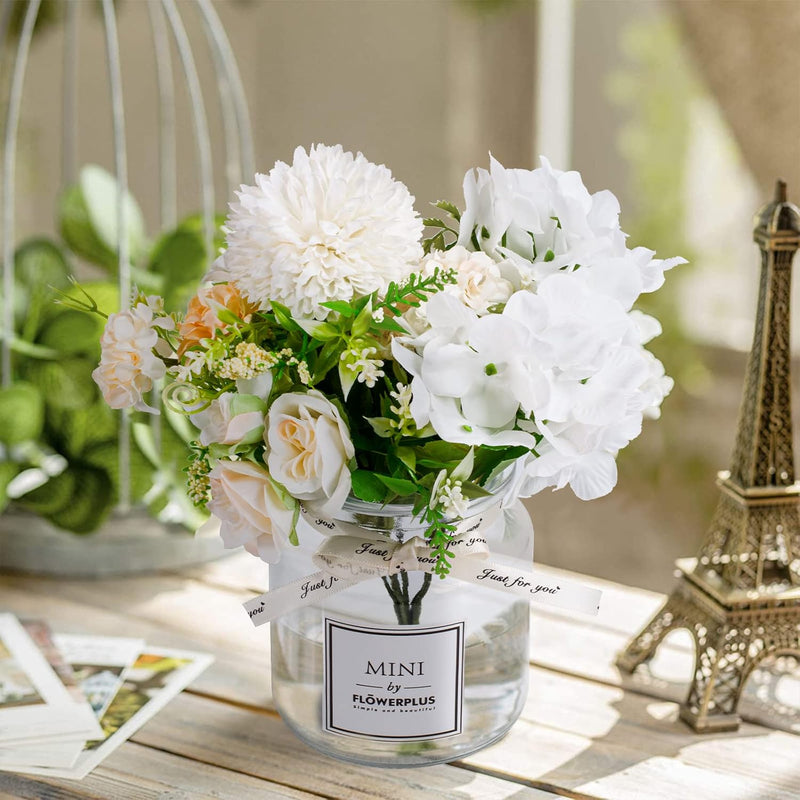 UCHUANG Fake Flowers with Vase, Artificial Roses Bouquet in Vase, Centerpiece Table Decorations for Coffee Table, Living Room, Dining Table, Office, Kitchen, Home Room Decor(White, with Glass Vase)