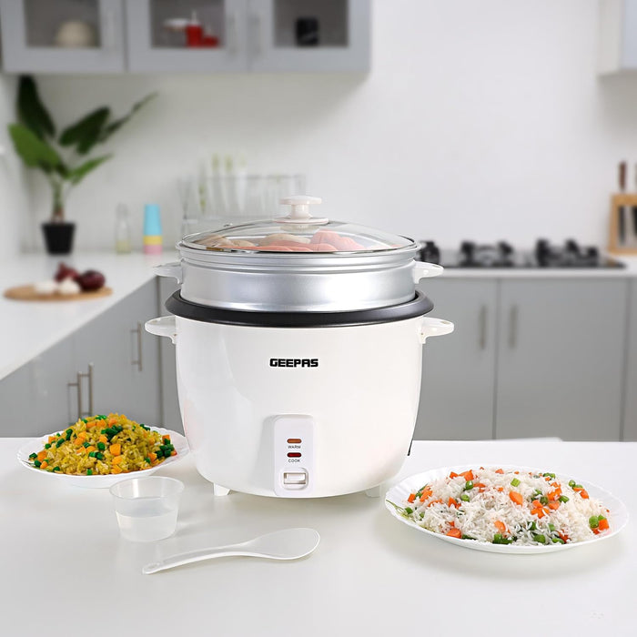Geepas Electric Rice Cooker- GRC4327| 2.8 L Capacity with Non-Stick Inner Pot and Toughened Glass Lid| Includes Cook, Steam, and Warm Functions| 900 W, White Powder Coated Housing White