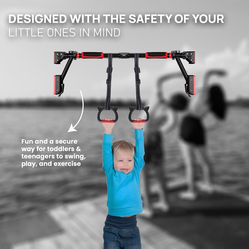 Pull Up Bar - Two-way Support Strength Training Chin up Bar for Doorway, 1 Pair of Gym Rings, 1Pair of Gloves, Portable Pullup Bar for Gym Exercise Fitness with Level Meter (Black, Pack of 3)