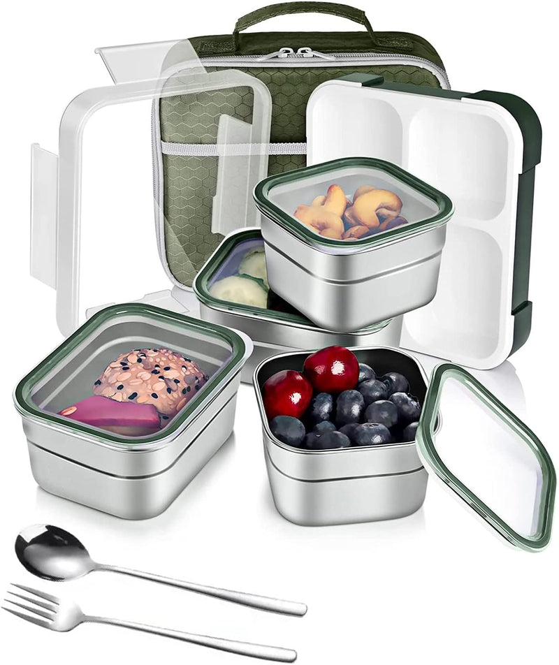 Stainless Steel Lunch Box for Kids Adults,Insulated Bento Lunch Box with Tableware & Bag,1000ML 5 Compartment Divided Lunch Containers with Lids,Leakproof BPA Free Dishwasher Safe (Purple) - Greenï¼1060ml