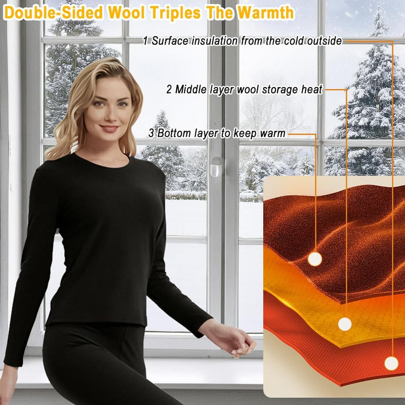 Women Thermal Underwear Set,Ladies' Tops and Pants,Thickened with Velvet,Round Neck Thermal Underwear,Soft and Skin Friendly,Suitable For Daily Wear and Outdoor Sports Matching