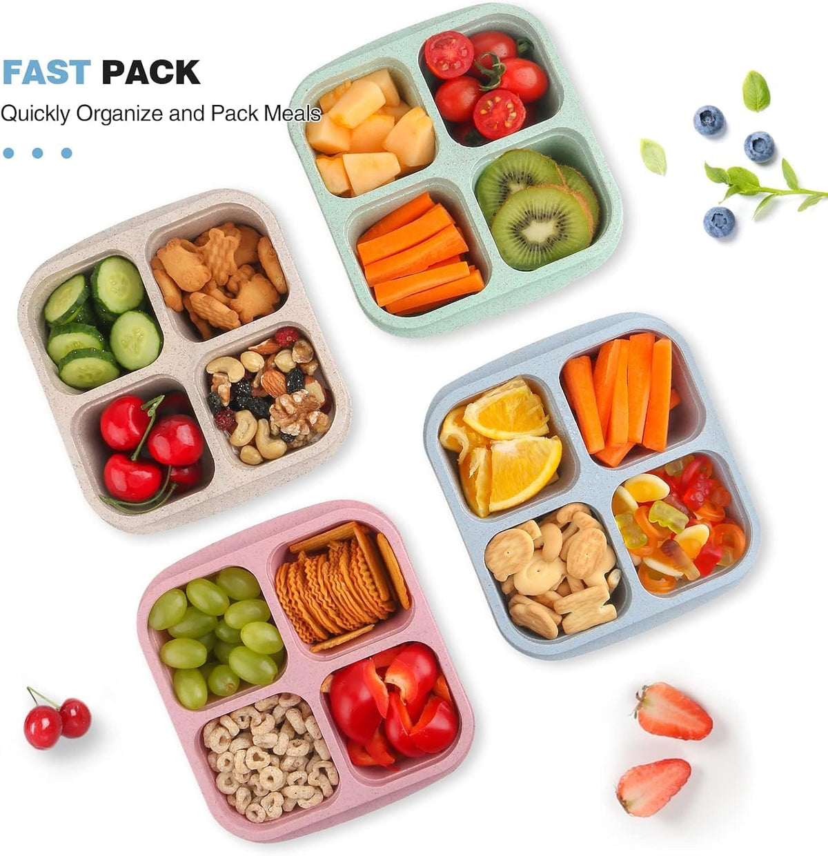 4-Pack 4-Compartment Bento Snack Containers, Reusable Divided Lunch Boxes for Kids Adults, Meal Prep Containers for Travel, Work, Small Food Storage – image 8
