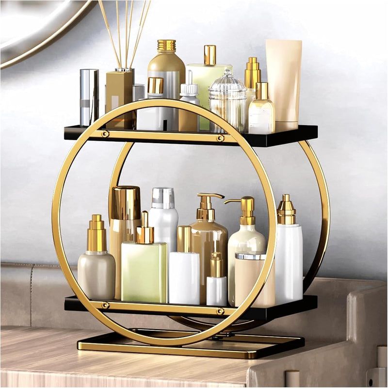 WEKOTEE Makeup Organizer for Vanity, Black Gold Perfume Organizer for Dresser- 2 Tier Skincare Organizers Bathroom Countertop Organizer, Make Up Counter Shelf Cosmetic Display Tray (55-02)