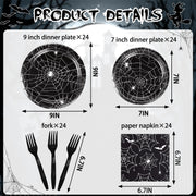 Halloween Spider Web Party Supplies - 96PCS Halloween Party Supplies Set Includes Plates Napkins Forks Horror Decor Supply Serves 24 Guests Tableware Kit