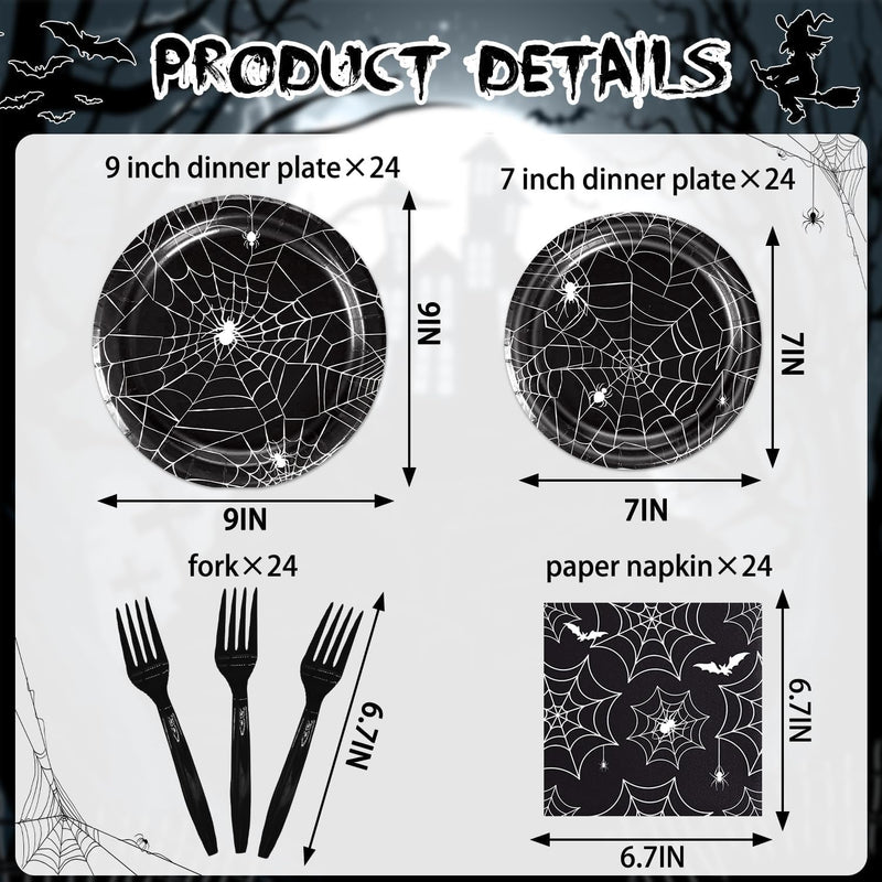 Halloween Spider Web Party Supplies - 96PCS Halloween Party Supplies Set Includes Plates Napkins Forks Horror Decor Supply Serves 24 Guests Tableware Kit