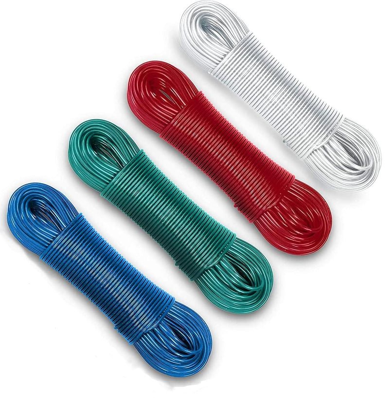 Aloud Creations PVC Coated Steel Wire Rope for Drying Clothes,Clothesline, Length 20 Meter with 2 Plastic Hooks (Multi Colour) – Pack of 4