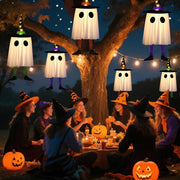 3 Pack Hanging Ghosts Halloween Decorations Outdoor, 23.6" Glowing Halloween Ghosts with Witch Hat, DIY Expressions Light up Ghost Kit for Yard Patio Garden Tree Outside