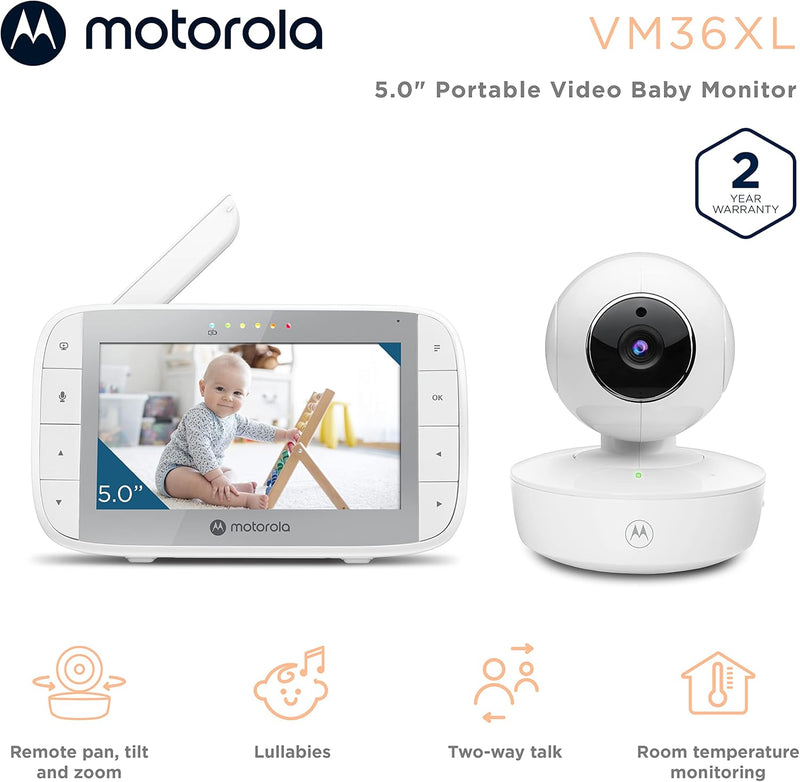 Motorola Nursery VM36XL Video Baby Monitor Camera, 1000ft Range no WiFi 2.4 GHz Wireless, 5" Screen, 2-Way Audio, Pan/Tilt/Zoom, Temp, Night Vision
