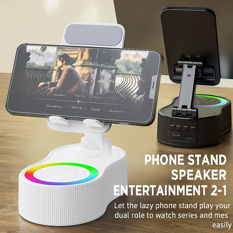 BIGTHREE Phone Holder with Bluetooth Speaker, Bluetooth Speaker Phone Holder, 5 in 1 Wireless Induction Audio, 360 Rotating Folding Lifting Charging Holder, RGB Colourful Lamp Effect