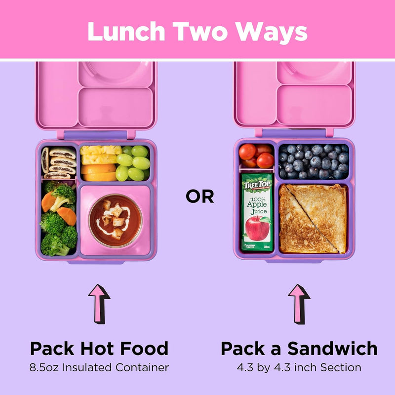 Box Bento Box for Kids - Insulated with Leak-proof Thermos Container - 3 Compartments, Two Temperature Zones Unicorn Pink