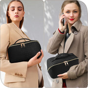 Large Capacity Travel Cosmetic Bag - Makeup Bag, PU Leather Waterproof Cosmetic Bag, Women Portable Travel Makeup Bag With Handle and Divider Flat Lay Makeup Organizer Bag, Black, Fashion