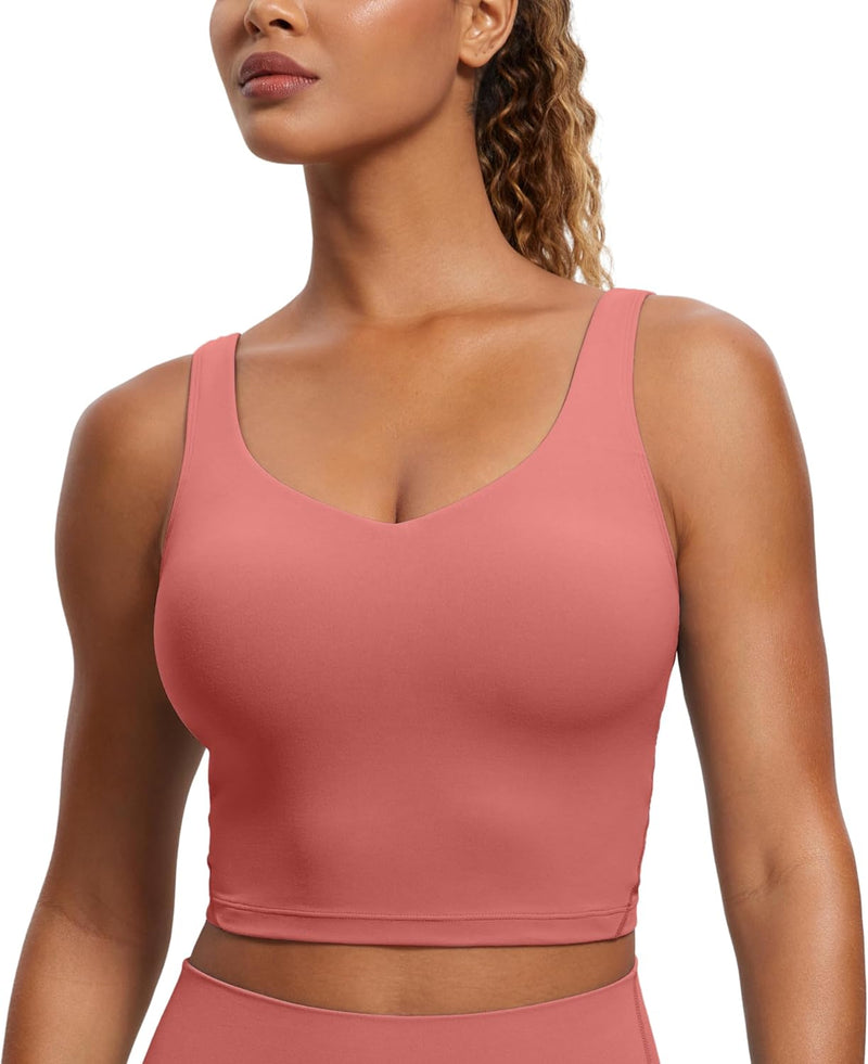 CRZ YOGA Butterluxe Womens V Neck Longline Sports Bra - Padded Workout Crop Tank Top with Built in Bra