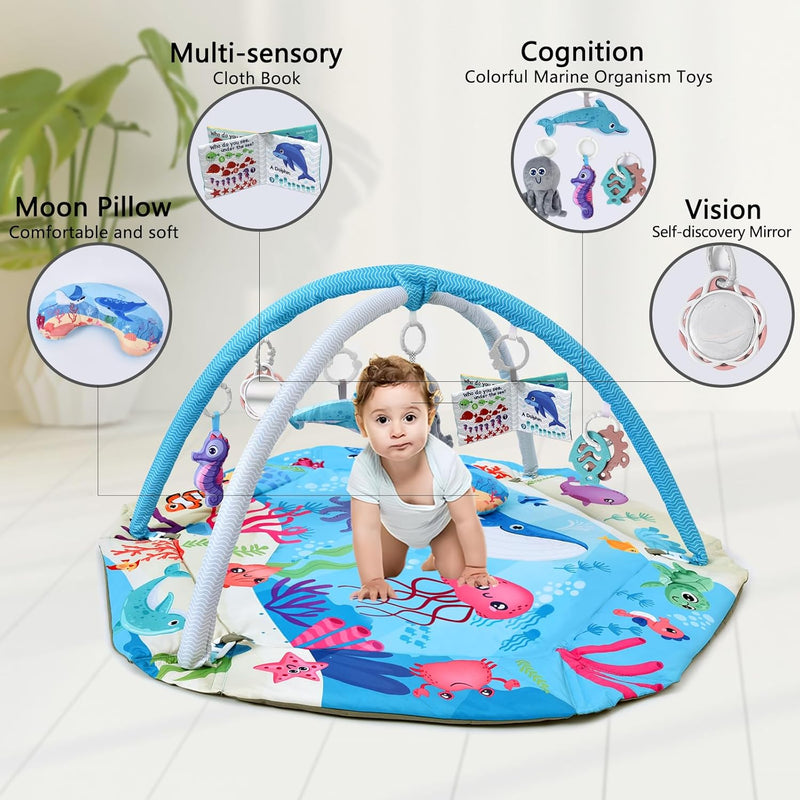 TFDER 7-in-1 Baby Play Gym, Infant Non-Slip Activity Blanket, Crawling Mat with Play Arch and Sensory Toys,Baby Toys 0+ Months,Black and White