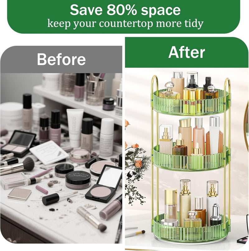 MOKANI 360 Rotating Makeup Organizer for Vanity, 3 Tier Adjustable Perfume Organizer for Dresser, Multi-Function Spinning Cosmetics Skincare Storage for Bedroom, Dresser, Countertop, Clear
