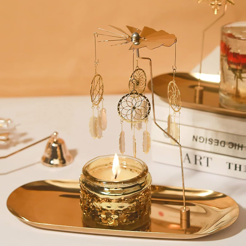 Creahaus Rotating Candle Holder with Tray, Gold Candle Spining Metal Holder for Christmas, Valentine's Day, Party Table Decor, Gift (Gold Carousel)
