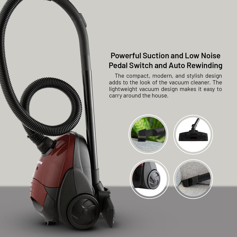 Geepas GVC2594 Vacuum Cleaner with Dust Bag, 2200W - 1.5L - Powerful Suction - Dust Full Indicator Flexible Hose with Airflow on Handle Pedal Switch and Auto-Rewinding Wire 2 Years Warranty