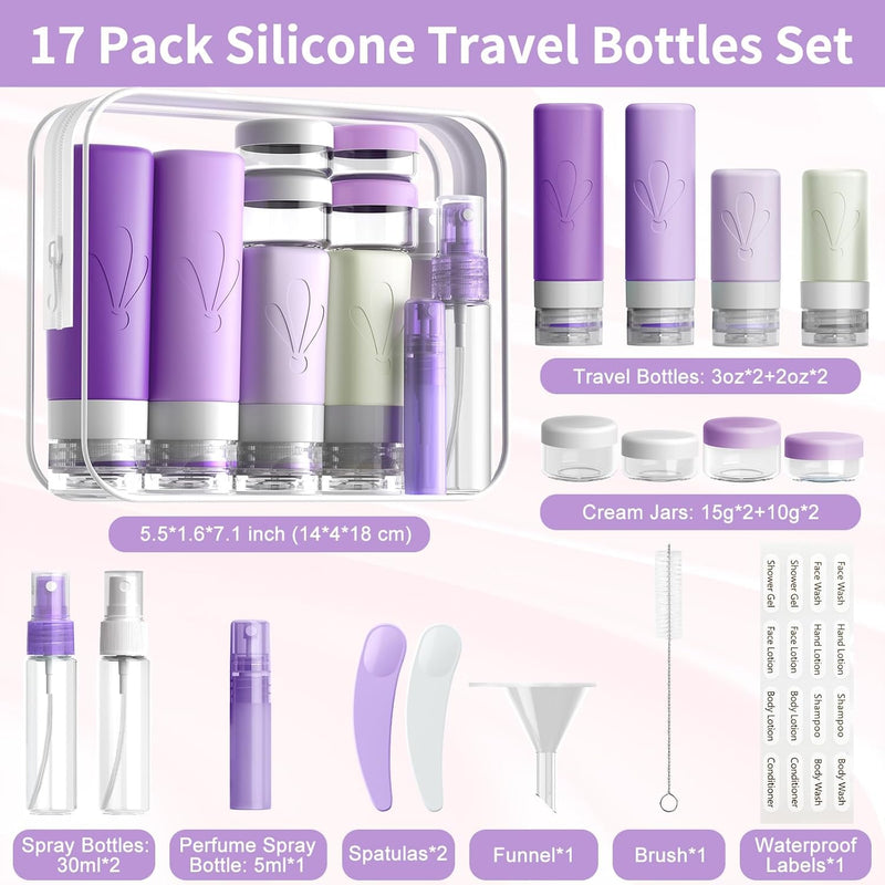 INSFIT Silicone Travel Bottles Set, 17 Pack Travel Size Toiletries, Leakproof Travel Bottles for Toiletries, Travel Accessories for Women, Airplane Travel Essentials, Travel Containers for Toiletries