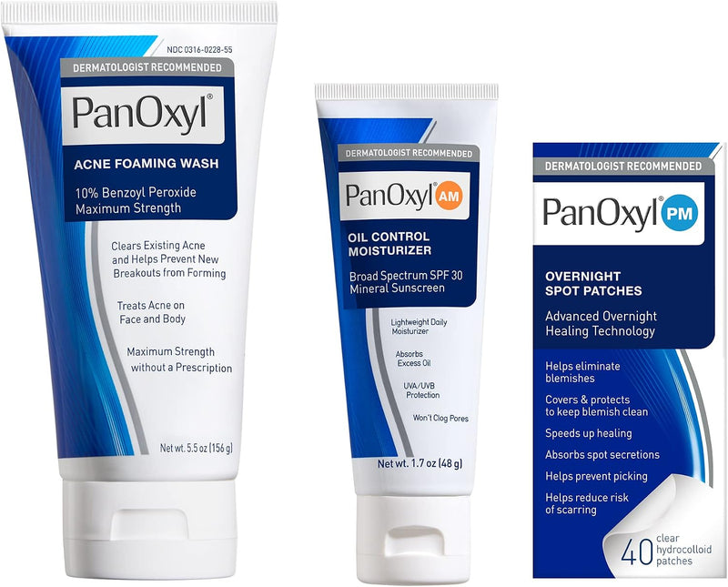 10% Benzoyl peroxide Acne Foaming Wash, Oil Control Moisturizer & Patches Bundle