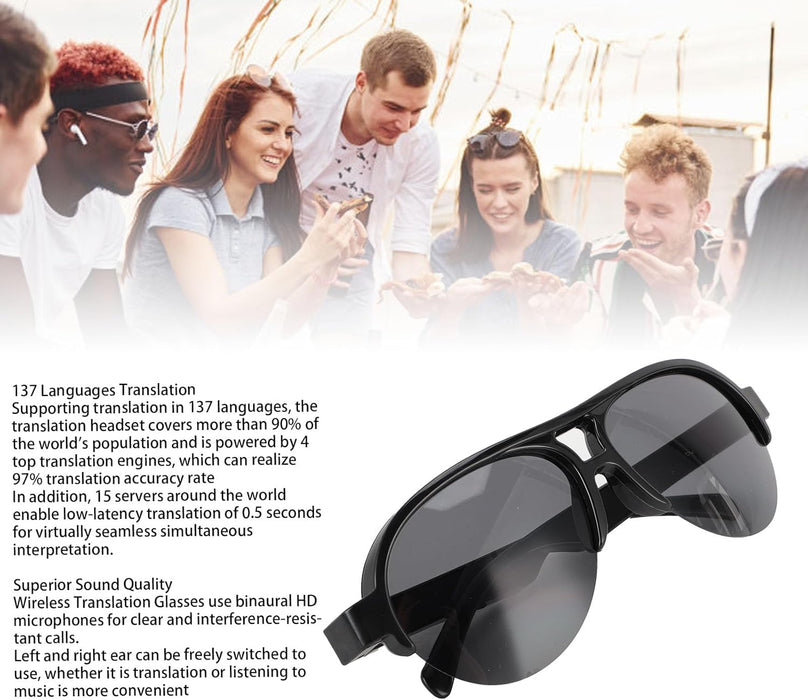 Smart Translation Glasses, Sunglasses - 137 Languages Translation Device with Dual Mic & Speaker, Open Ear Headset Sunglasses for Music & Calling