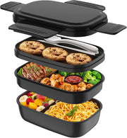 Bento Box Adult Lunch Box,3 Stackable Bento Lunch Containers for Adults/Kids, Modern Minimalist Design Bento Box with Utensil Set, Leak-Proof Lunchbox Bento Box for Dining Out, Work, Picnic, School - Black