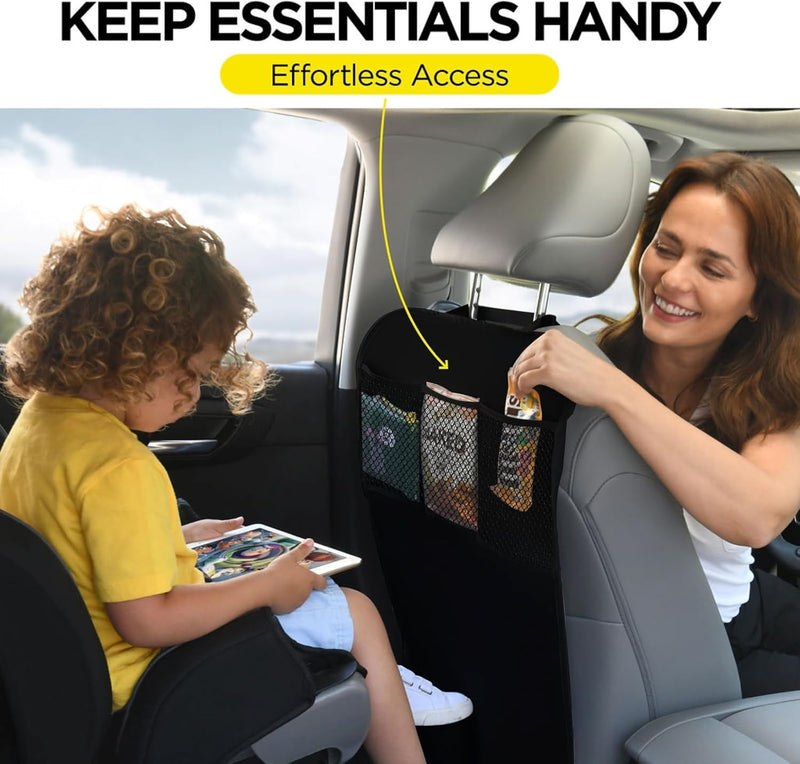 Lebogner Kick Mat Auto Seat Back Protectors + 3 Organizer Pockets, 2 Pack Waterproof Fabric Seat Cover For The Back Of Your Seat, X-Large Car Back Seat Protectors, Backseat Child Kick Guard Seat Saver