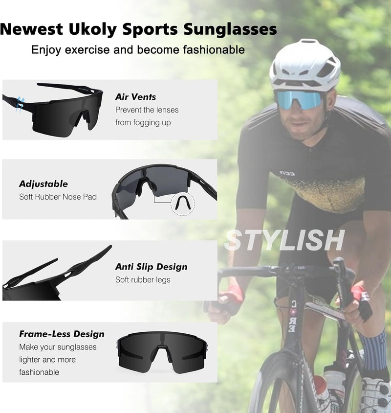 Ukoly Cycling Sunglasses for Men Women with 3 Interchangeable Lenses, Polarized Sports Sunglasses, Baseball Sunglasses