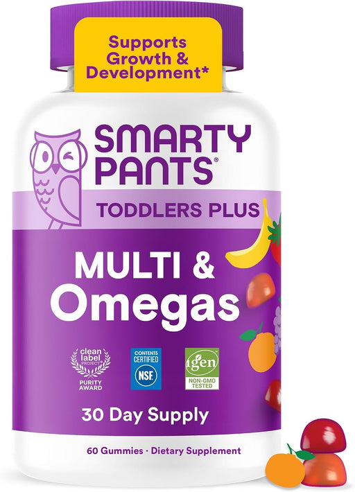Toddler Multivitamin Gummies - Improved Formula: Omega 3 (DHA/EPA), Vitamins D3, C, Vitamin B12, B6, A, K & Zinc, Biotin, Gluten Free, Three Fruit Flavors, 60 Count (30 Day Supply)