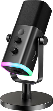 FIFINE XLR/USB Dynamic Microphone for Podcast Recording, PC Computer Gaming Streaming Mic with RGB Light, Mute Button, Headphones Jack, Desktop Stand, Vocal Mic for Singing YouTube-AmpliGame AM8 - Black
