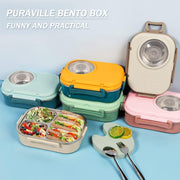 Stainless Steel Bento Lunch Box for Kids Adults, Stackable Food Containers with 3 Compartments Reusable Sauce Bowl, Fork and Spoon 9.1 x 6.5 x 3.2 inch (1000ml/34oz Light Blue)