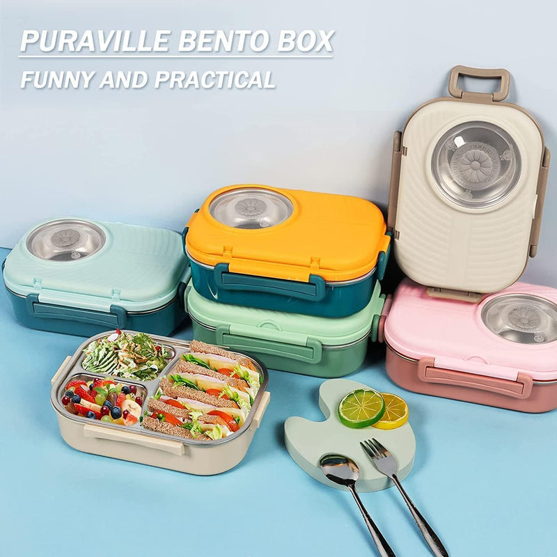 Stainless Steel Bento Lunch Box for Kids Adults, Stackable Food Containers with 3 Compartments Reusable Sauce Bowl, Fork and Spoon 9.1 x 6.5 x 3.2 inch (1000ml/34oz Light Blue)
