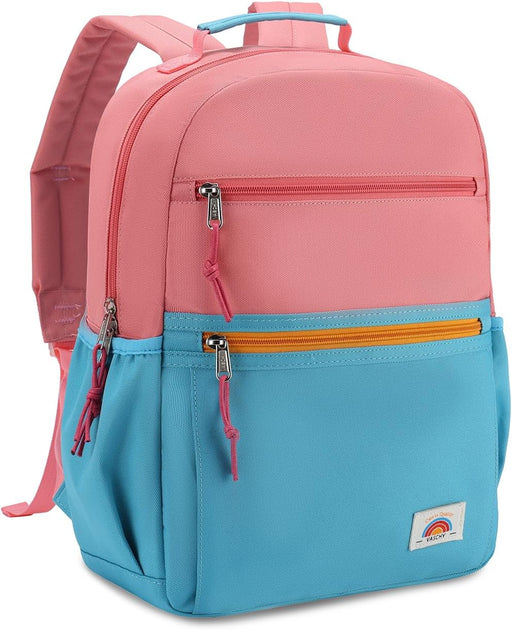 School Bag for Teen,Vaschy Lightweight Water Resistant Kids Toddller Backpack Boys Girls Plain Color-block Kids Bookbag Daypack with Two Sizes - Pink Blue-S