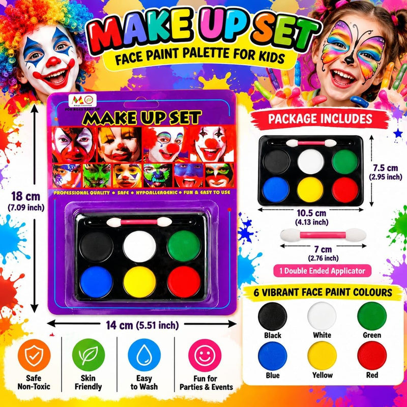 Face Paint Palette Set - 6 Vibrant Classic Colors with Double-Ended Applicator Brush, Hypoallergenic Non-Toxic Body Makeup Kit for Halloween, Cosplay, Parties, Festivals & Fancy Dress
