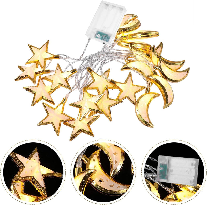 Rosy.Moment Ramadan Eid Moon-Star String Lights, 6.5 Feet 20 LEDs Eid Mubarak Palace Lantern Lamp for Islamic Indoor Outdoor Home Garden Decoration (Warm White) Battery operated