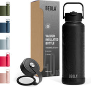 1200ml Water Bottle 18/8 Stainless Steel Double Wall Insulated Bottle, with Straw Lid and Wide Mouth, 2 lids included, Hot Cold Water Flask Sports Bottle, 40oz (Lava Gray) - Mountain Black