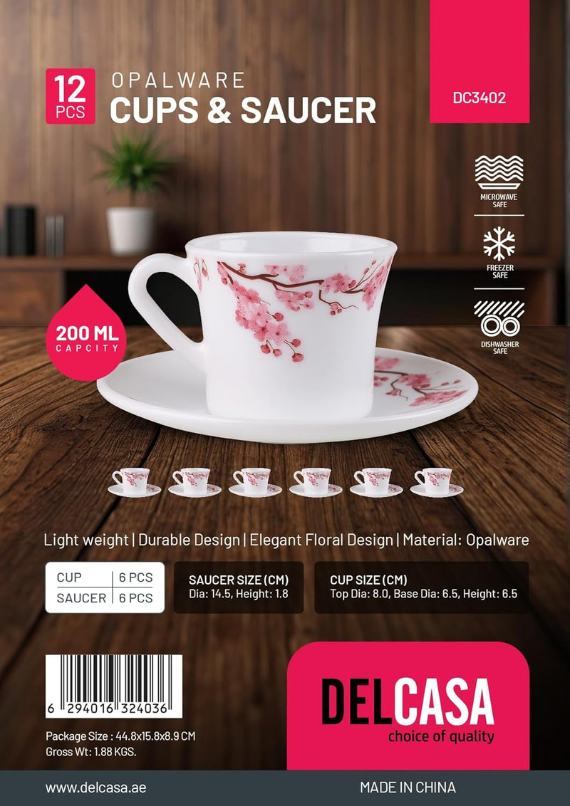 Delcasa DC3402 Opalware Cup and Saucer Set 12-Pieces
