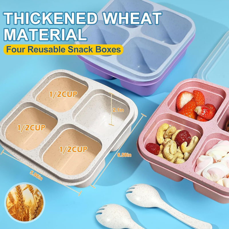 4-Pack Wheat Straw PP 4-Compartment Bento Lunch Box, Reusable Snack Box for Adults and Kids, Meal Prep Containers for School, Work, Travel, Freezer and Dishwasher Safe