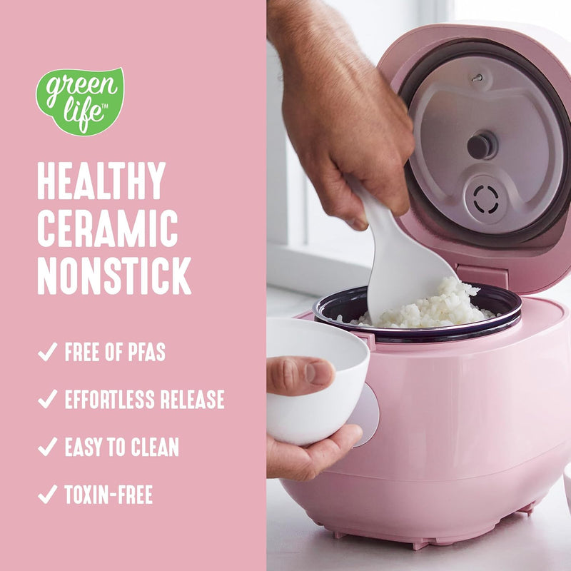 GreenLife Healthy Ceramic Nonstick 4-Cup Rice Oats and Grains Cooker, PFAS-Free, Dishwasher Safe Parts, Black