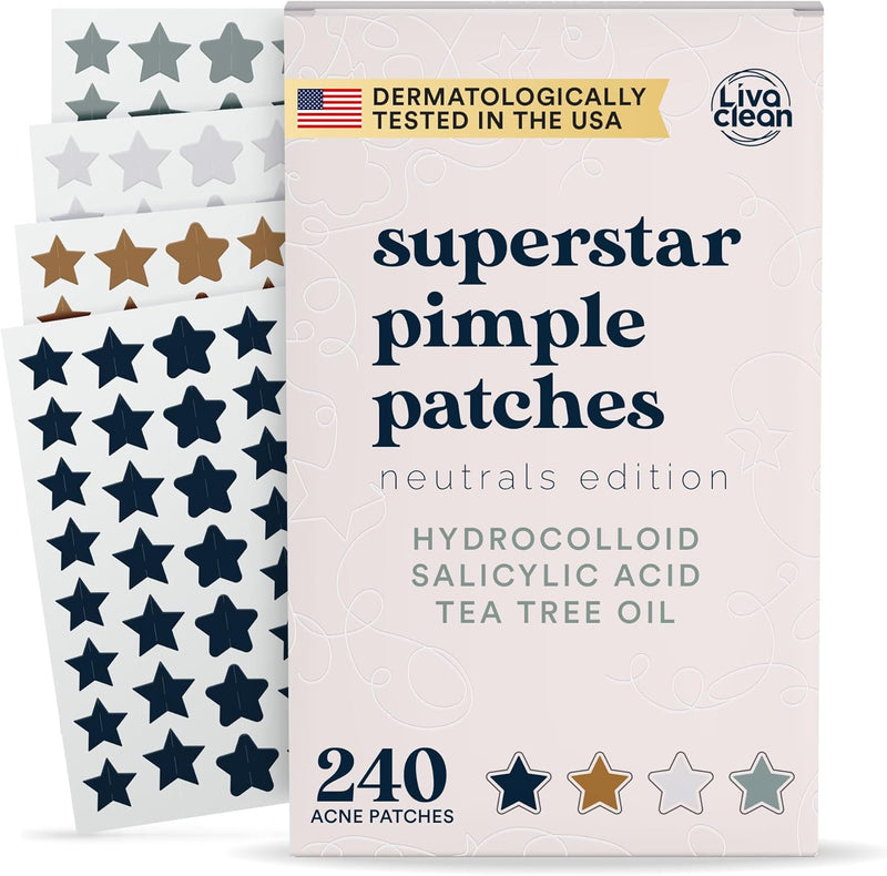 LivaClean Star Pimple Patches for Face w/Hydrocolloid, Salicylic Acid & Tea Tree, 240 Patches, Hydrocolloid Acne Patch, Cute Star Pimple Patch for Healing Stickers Zit Superstar