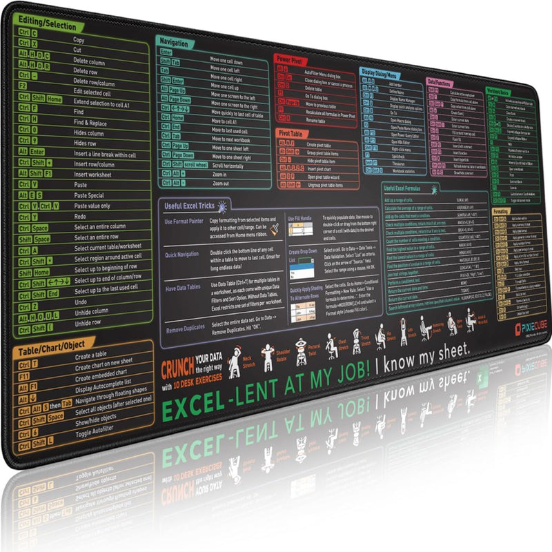 Glittery Garden Excel Shortcut Keys Mouse Pad - Extended Large XL Cheat Sheet Gaming Mousepad PC Office Spreadsheet Keyboard Mat Non-Slip Stitched Edge - 11.8"L x 31.5"W Excel Shortcuts
