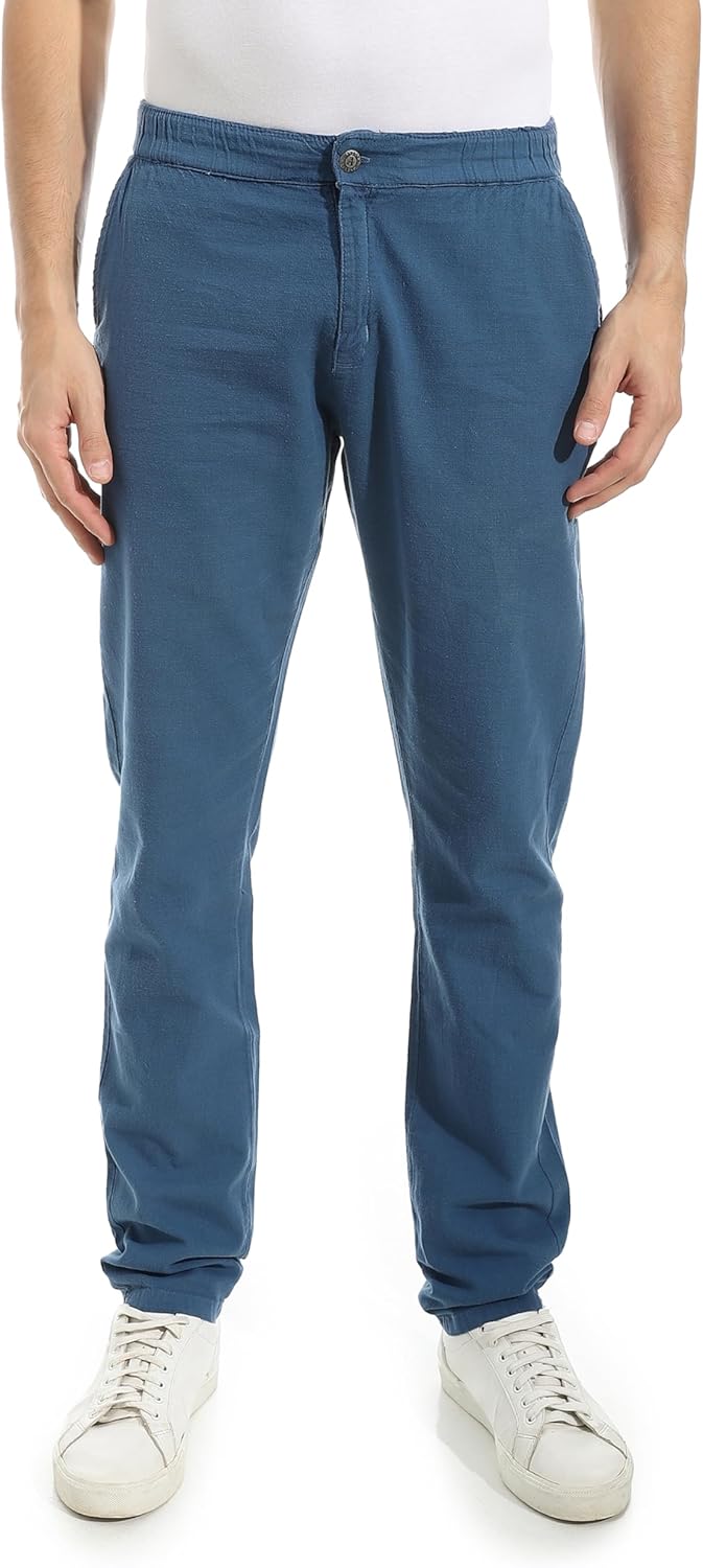 Mens Linen Regular Fit Fly Zipper Button Pants - Teal Blue