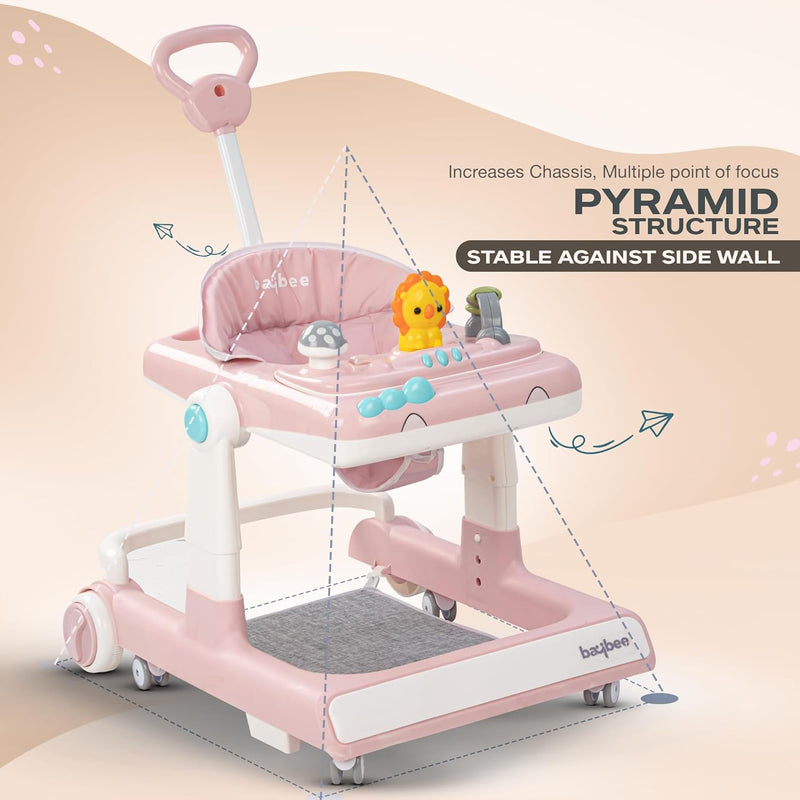 Baybee Zeni 3 IN 1 Baby Walker for Toddler with Parental Push Handle & 3 Height Adjustable, Baby Activity Walker with Stopper Kids Walker for 6-18 Months Boys Girls (Pink)