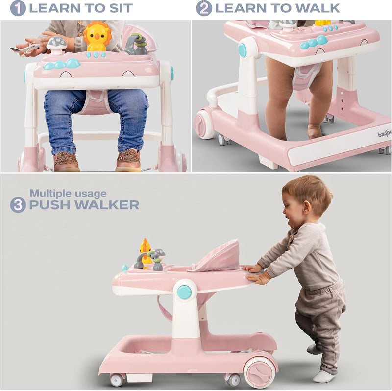 Baybee Zeni 3 IN 1 Baby Walker for Toddler with Parental Push Handle & 3 Height Adjustable, Baby Activity Walker with Stopper Kids Walker for 6-18 Months Boys Girls (Pink)