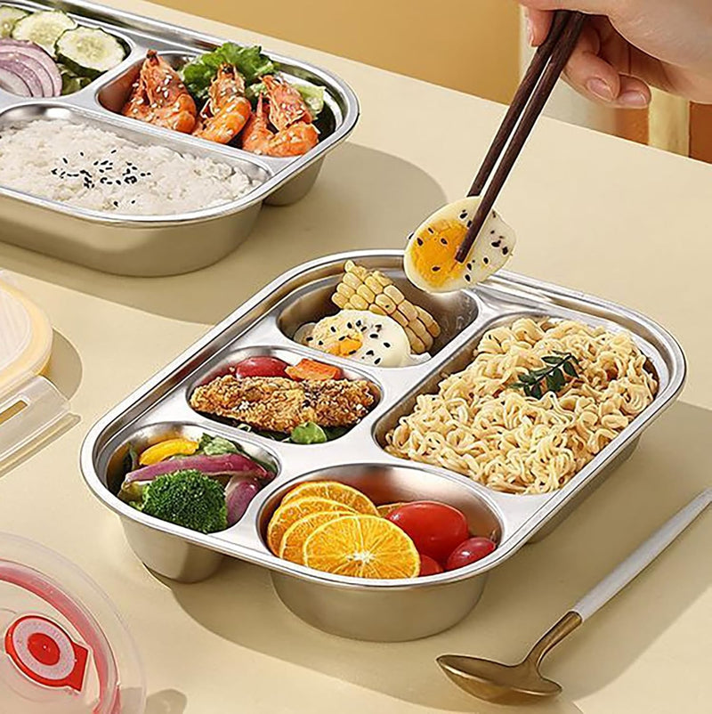Stainless Steel Lunch Box with Plastic Lids - Bento Box 5 Compartments Reusable Meal Prep for Kids Adult School, Home Lunch, Travel