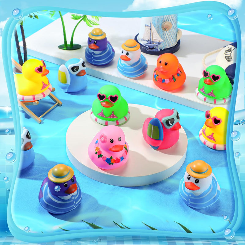 Honoson Summer Beach Rubber Duckies Mini Rubber Duck Bath Toys Funny Float Bathtub Squeaky Ducky for Pool Water Activity Summer Baby Shower Classroom Birthday Party Favors (24 Pcs)